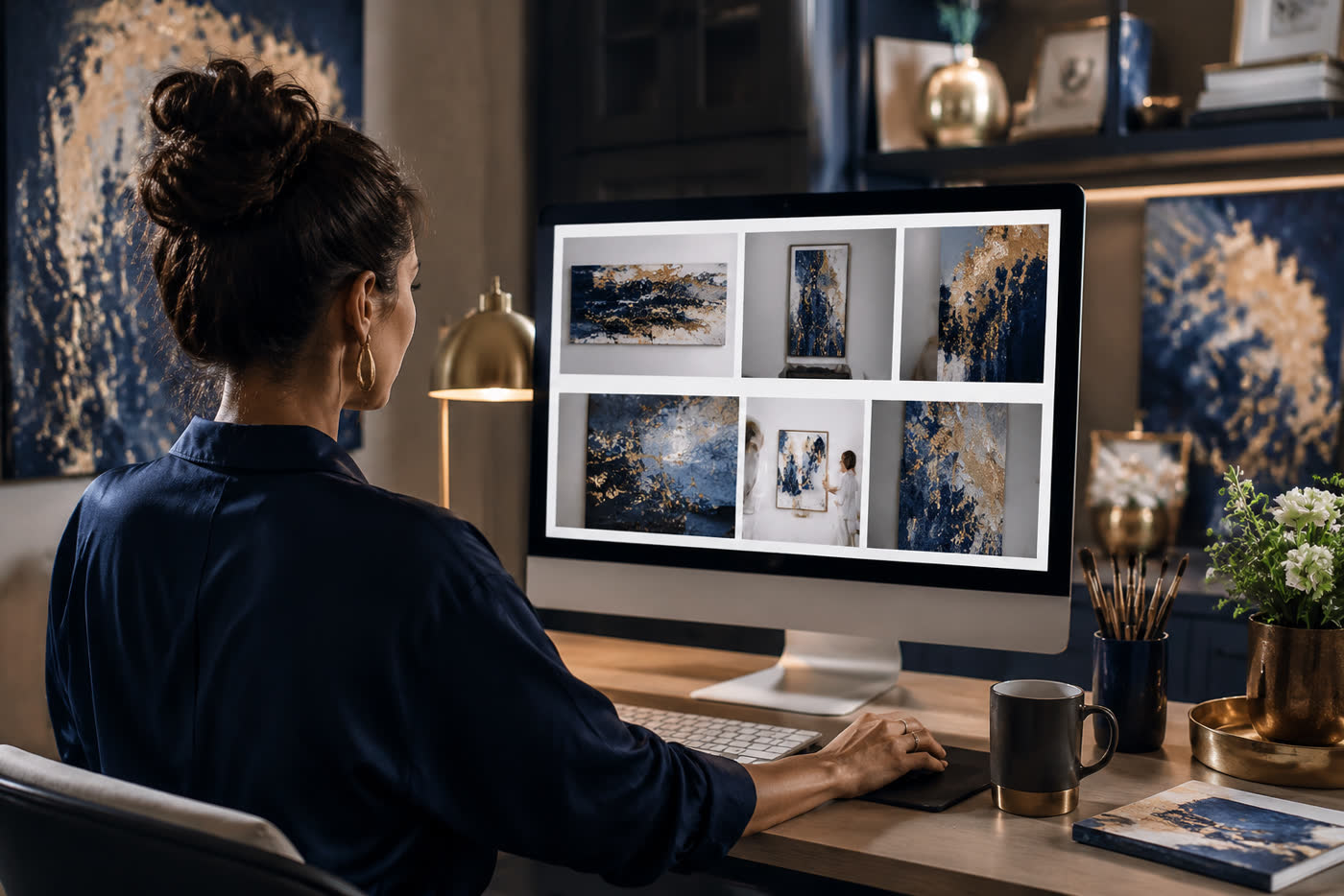 Artiste examinant les photographies de son Oeuvre sur un ordinateur
